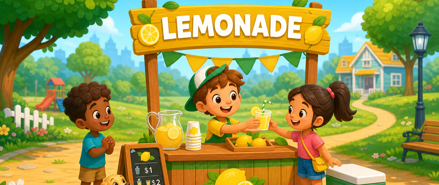 Cheerful illustrated lemonade stand with kids selling lemonade